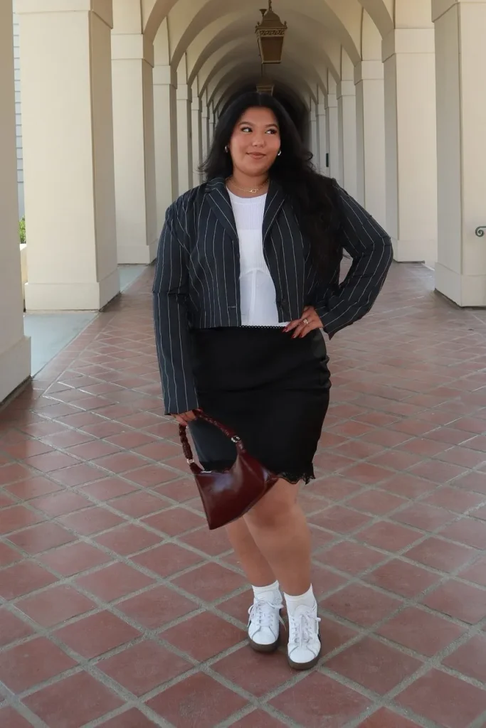 1. Charcoal Pinstripe Cropped Jacket with White Top and Black Mini Skirt