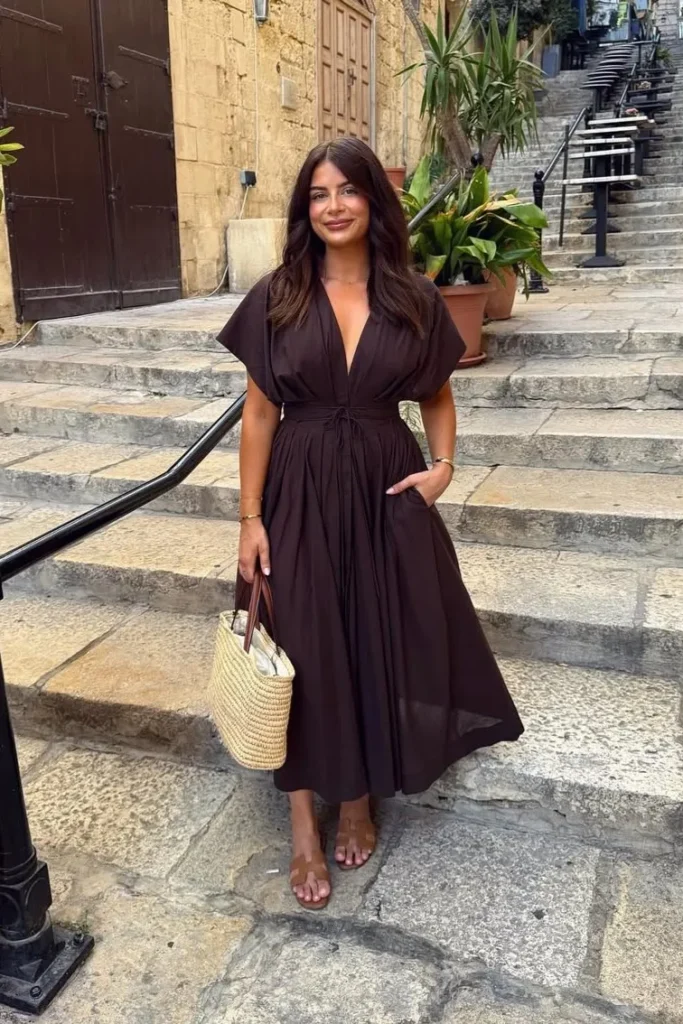 Dark Brown Flutter Sleeve Midi Dress