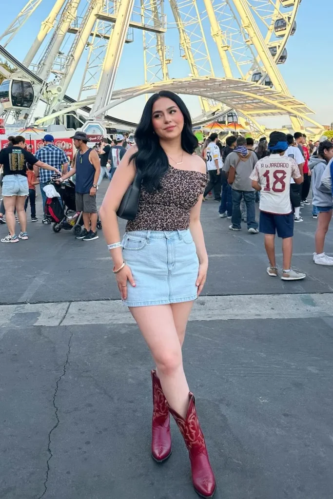 Leopard Off-Shoulder Top with Denim Mini Skirt and Red Cowboy Boots