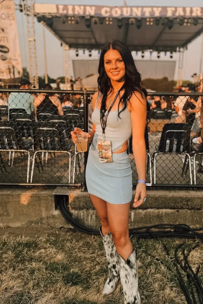 Light Blue Cutout Mini Dress with Cow-Print Cowboy Boots