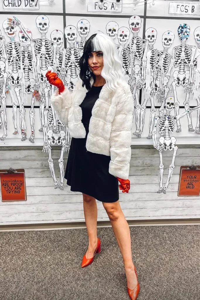 1. White Faux Fur Jacket with Black Dress and Red Gloves