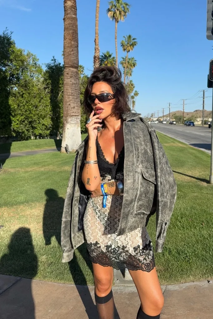 Black Lace Camisole with Printed Mini Skirt and Gray Jacket