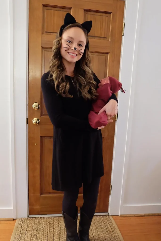 10. Black Long Sleeve Dress with Black Tights and Cat Ears