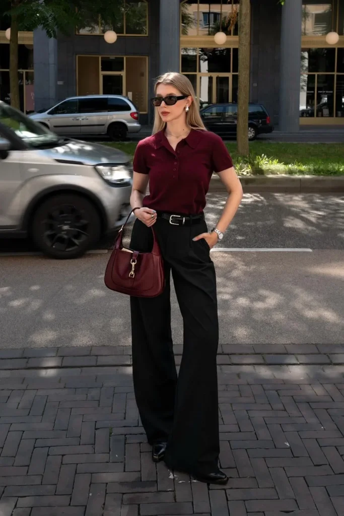 Burgundy Polo Top with Black Wide-Leg Trousers