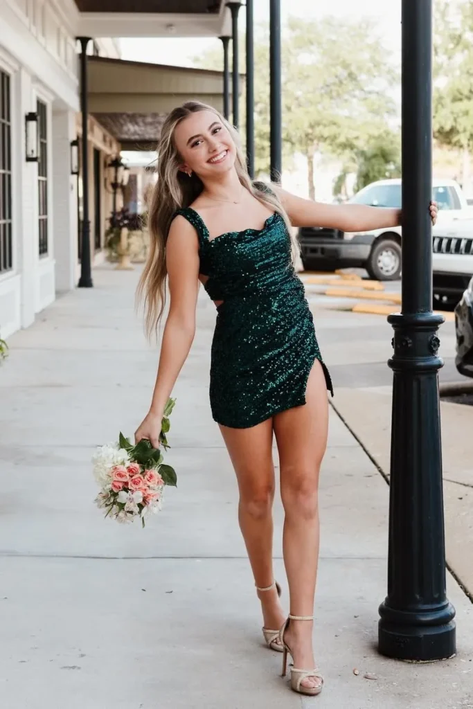 Emerald Green Sequin Mini Dress with Side Cutouts