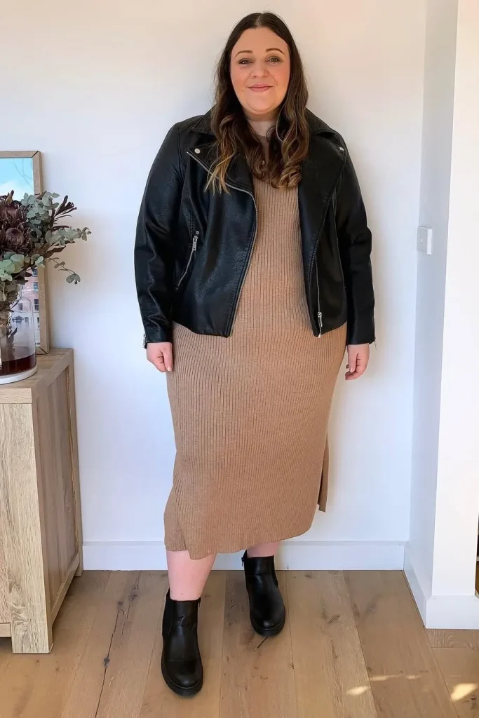 10. Tan Ribbed Midi Dress with Black Leather Jacket and Black Ankle Boots
