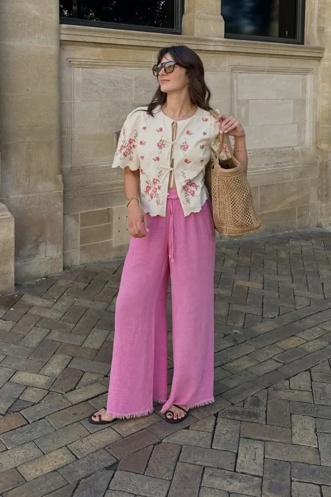 Cream Floral Tie Front Top with Pink Wide Leg Pants