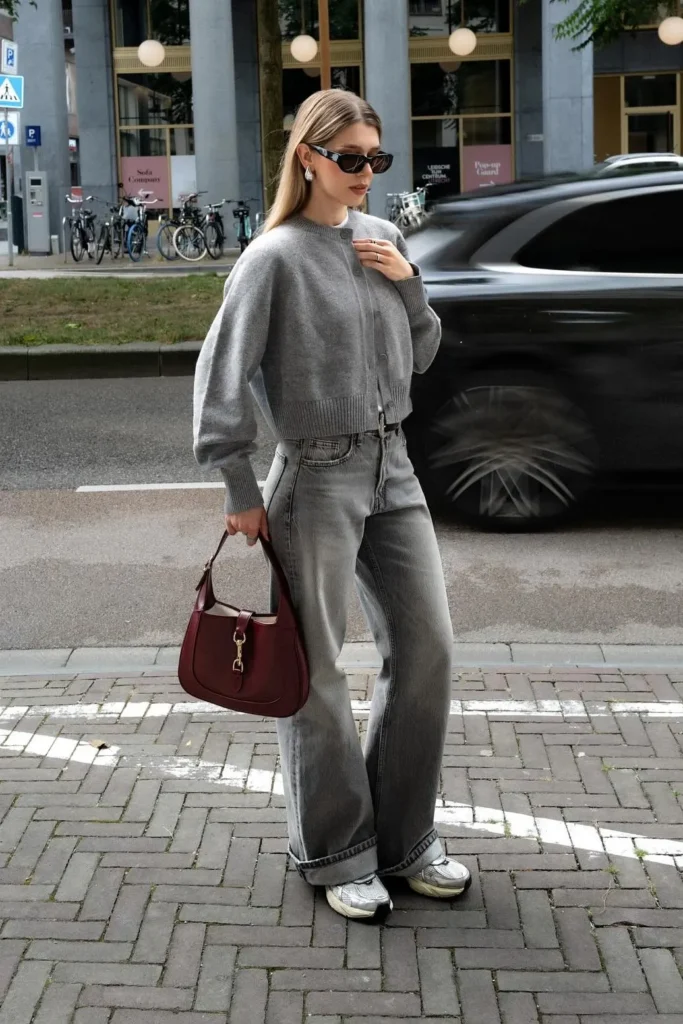 Gray Cropped Cardigan with Gray Wide-Leg Jeans and Sneakers