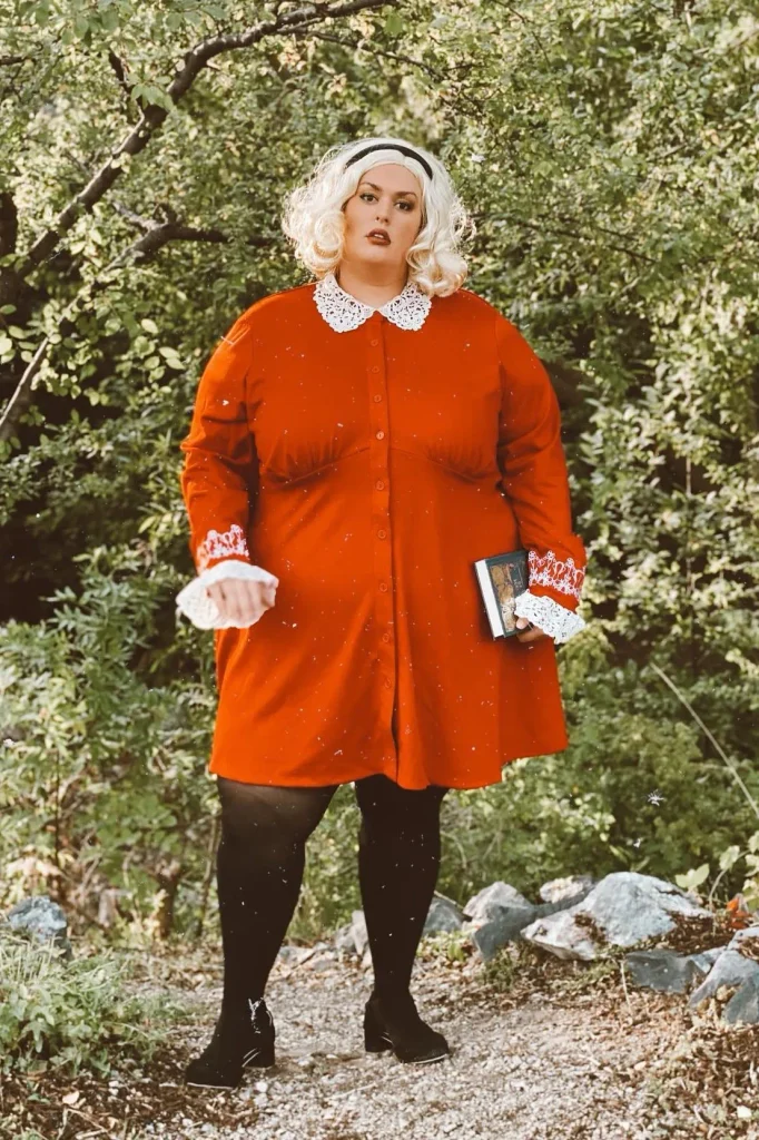 Red Button-Front Dress with White Lace Collar and Black Tights