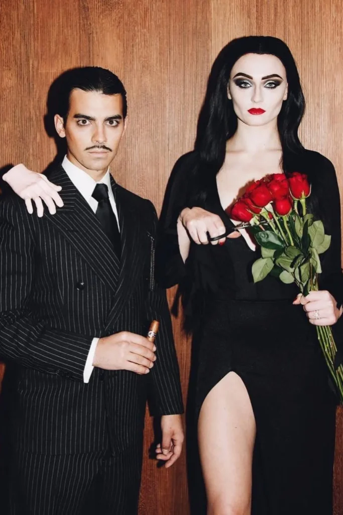 Black Pinstripe Suit with Black Slit Dress