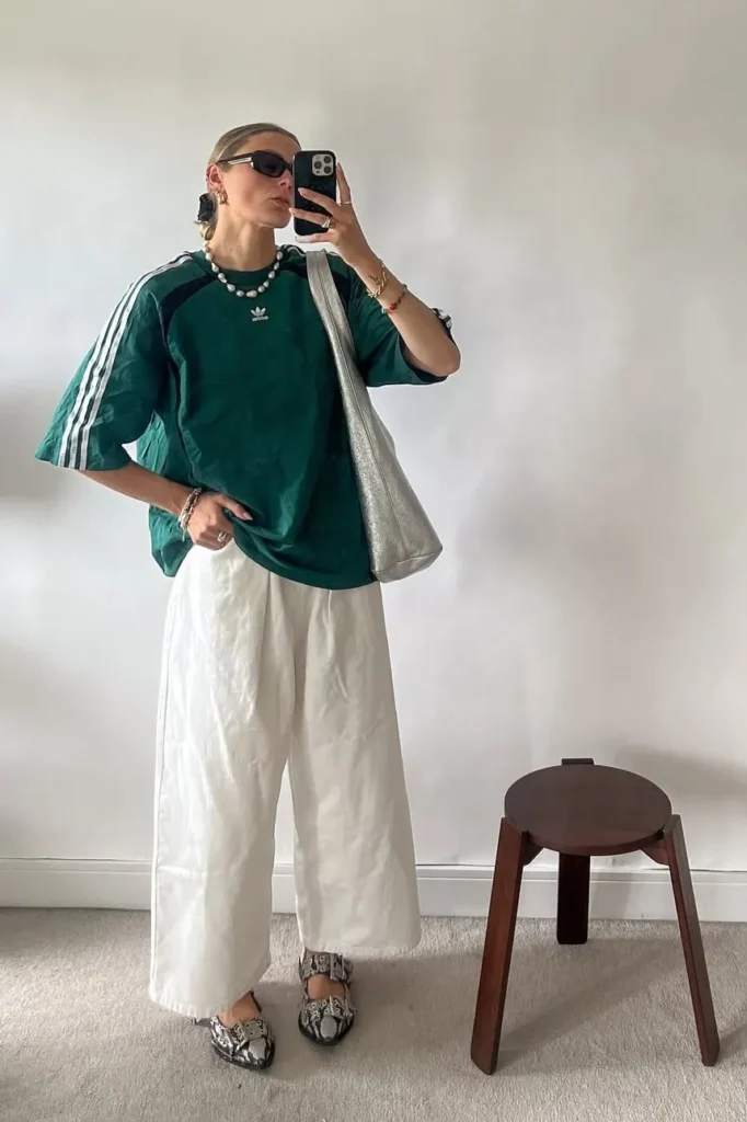 Green Oversized T-Shirt with White Wide Leg Pants