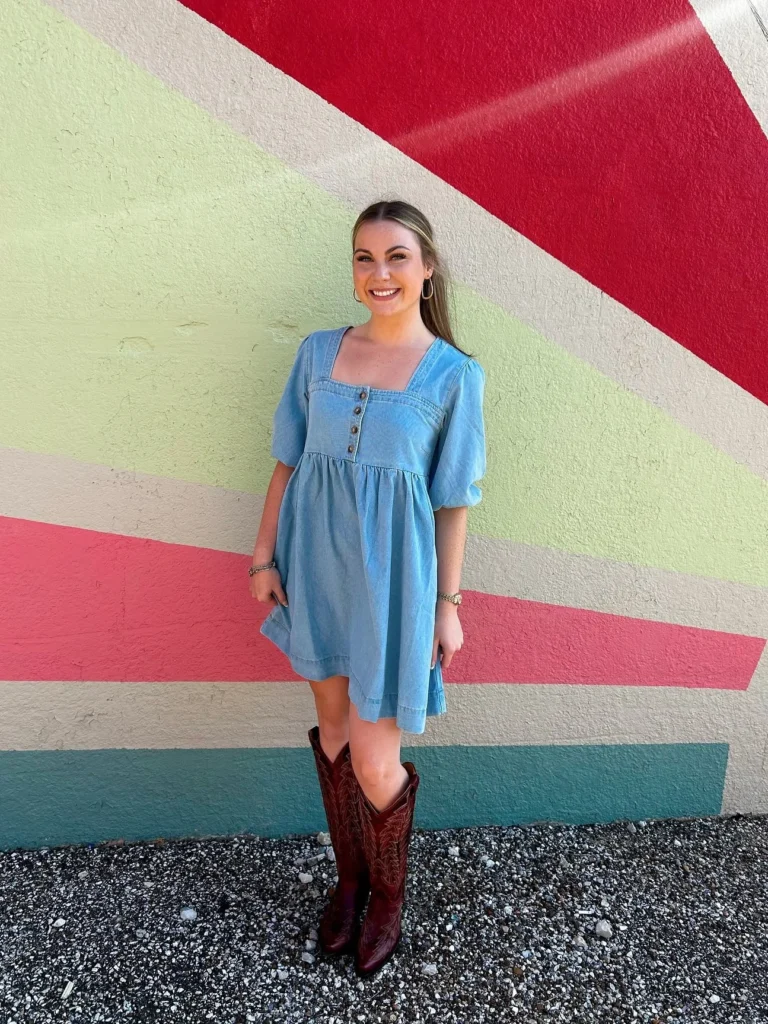 Light Blue Denim Dress with Burgundy Cowboy Boots