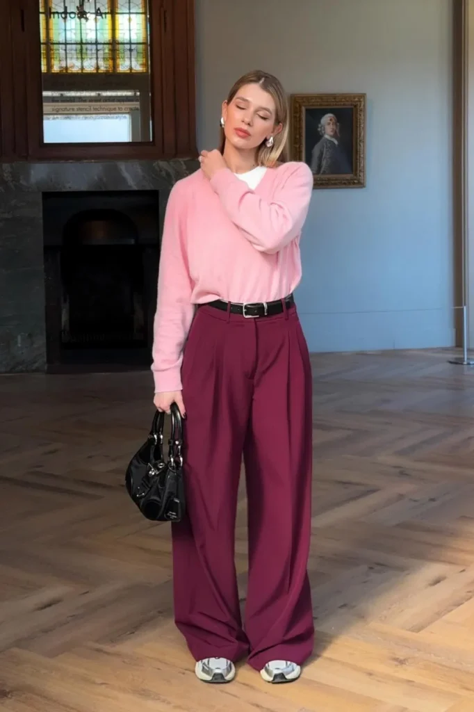 Pink Sweater with Burgundy Wide-Leg Trousers and Sneakers