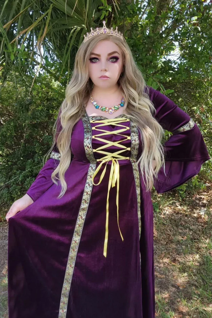Purple Velvet Gown with Gold Lace-Up Front and Crown