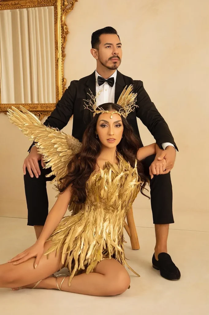 Black Tuxedo with Gold Feather Dress