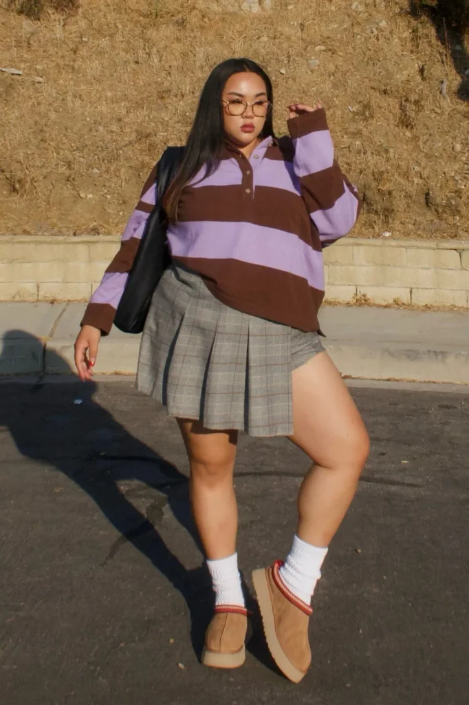 13. Brown and Lilac Striped Pullover with Gray Plaid Skirt