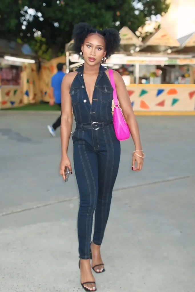 Dark Denim Jumpsuit with Black Heeled Sandals