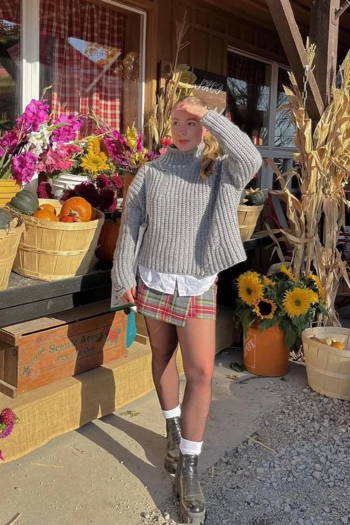 Gray Turtleneck Sweater with Plaid Mini Skirt and Black Boots