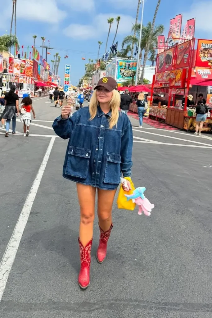 Oversized Denim Shirt with Red Cowboy Boots and Baseball Cap