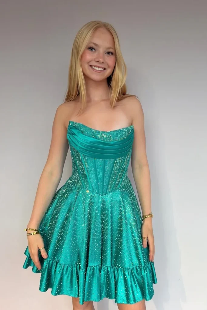 Teal Rhinestone Strapless Mini Dress with Ruffle Hem