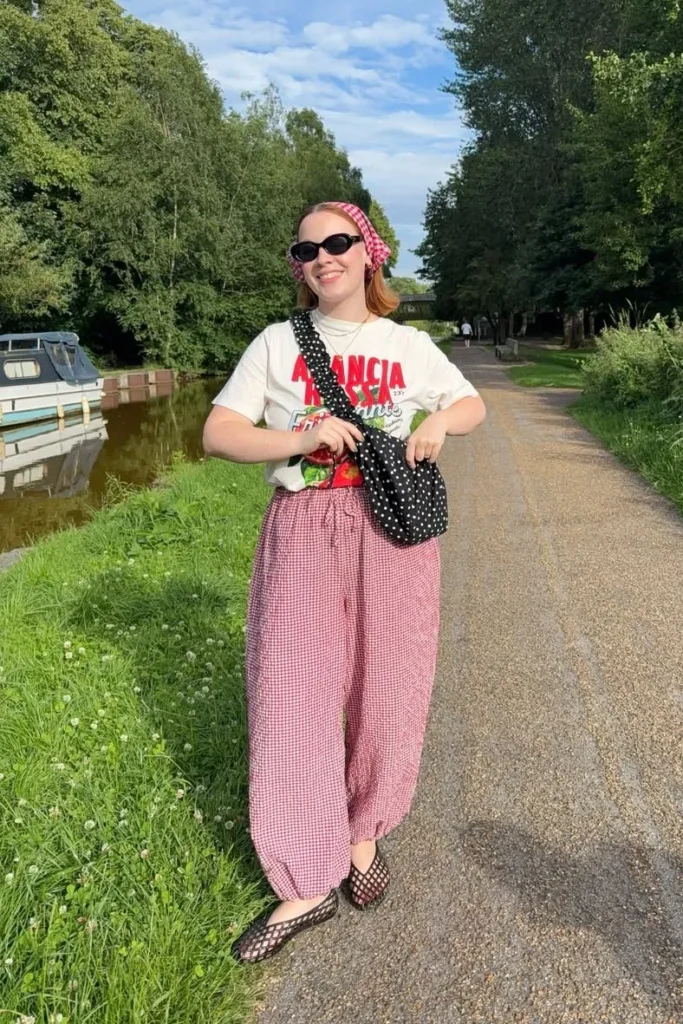 White Graphic T-Shirt with Pink Gingham Pants