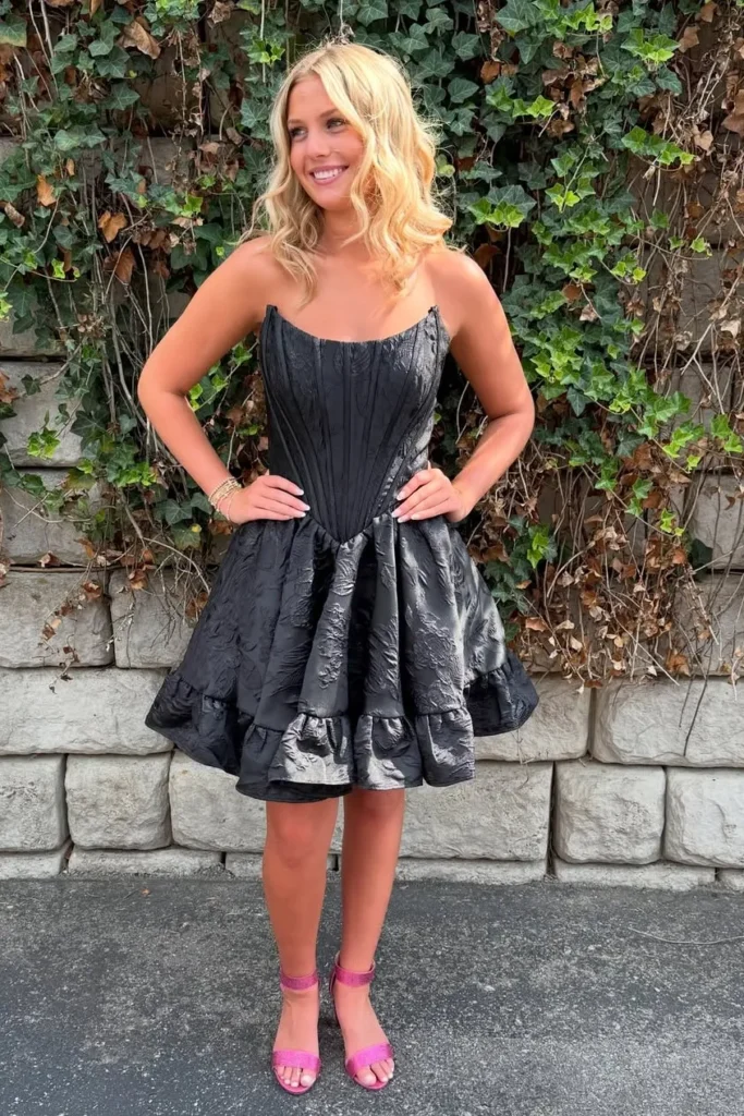 Black Strapless Mini Dress with Pink Ankle-Strap Heels