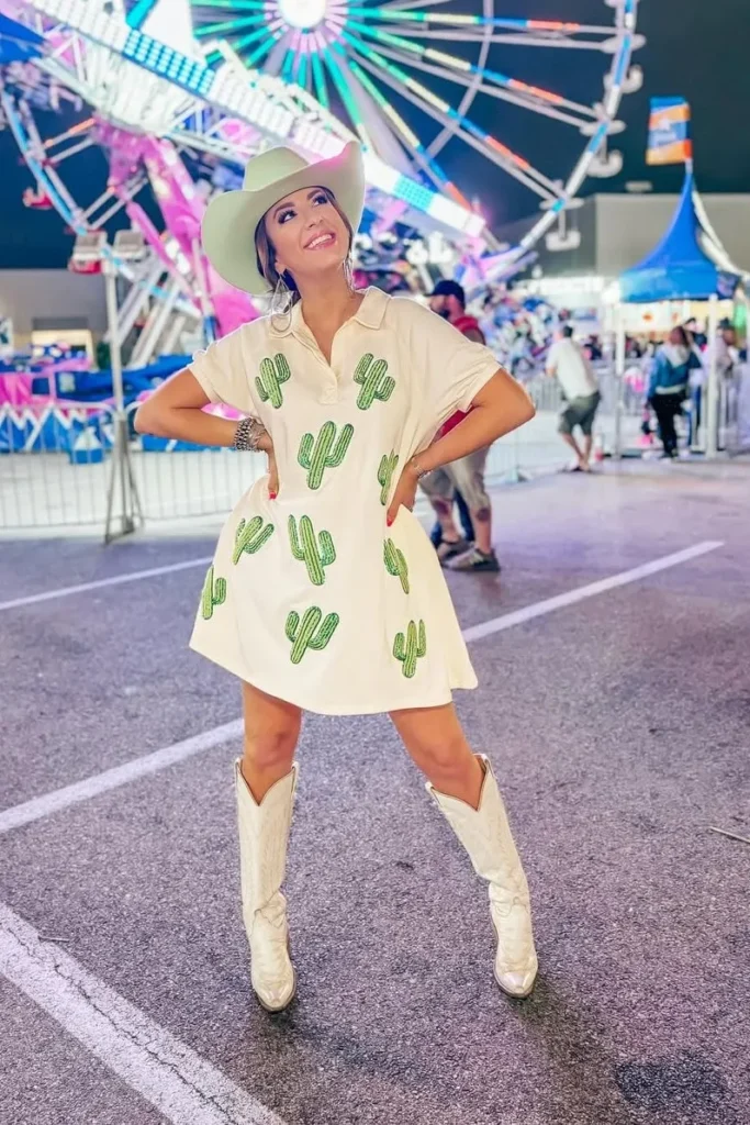 Cream Cactus-Print Dress with White Cowboy Boots