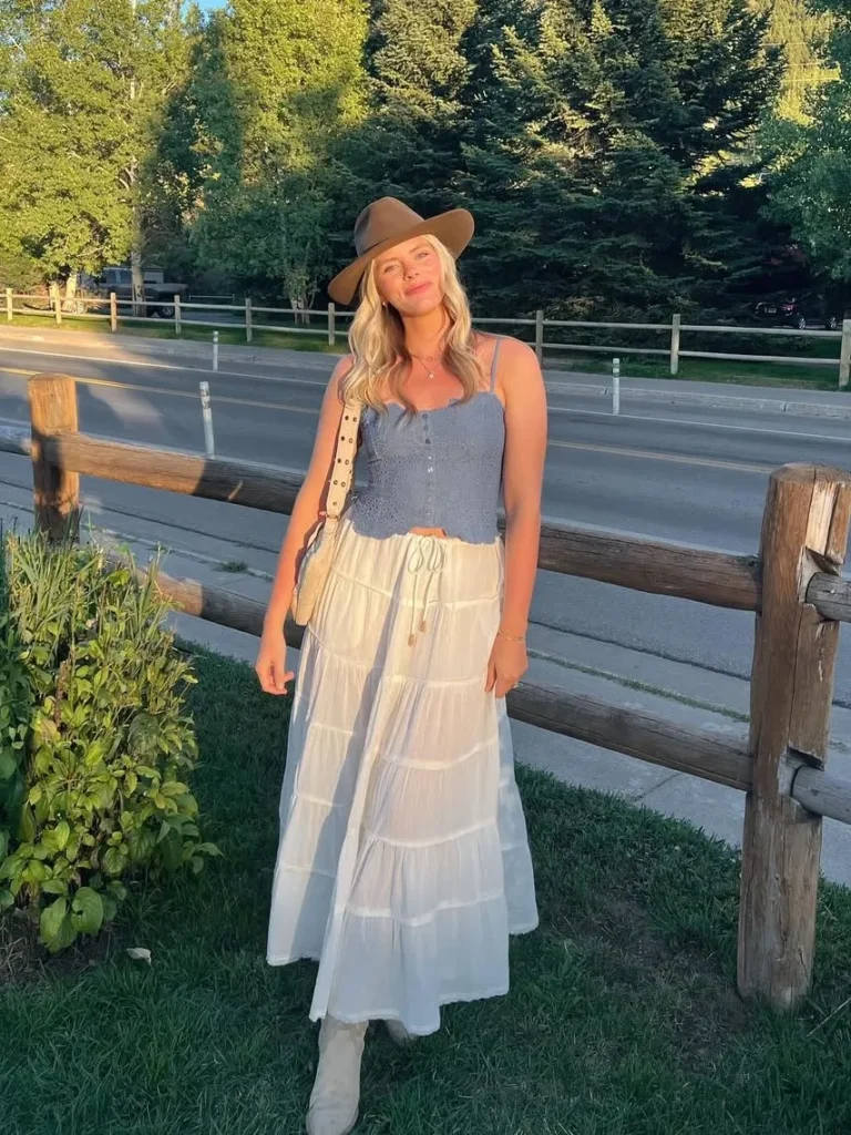 Gray Crochet Top with a White Tiered Maxi Skirt