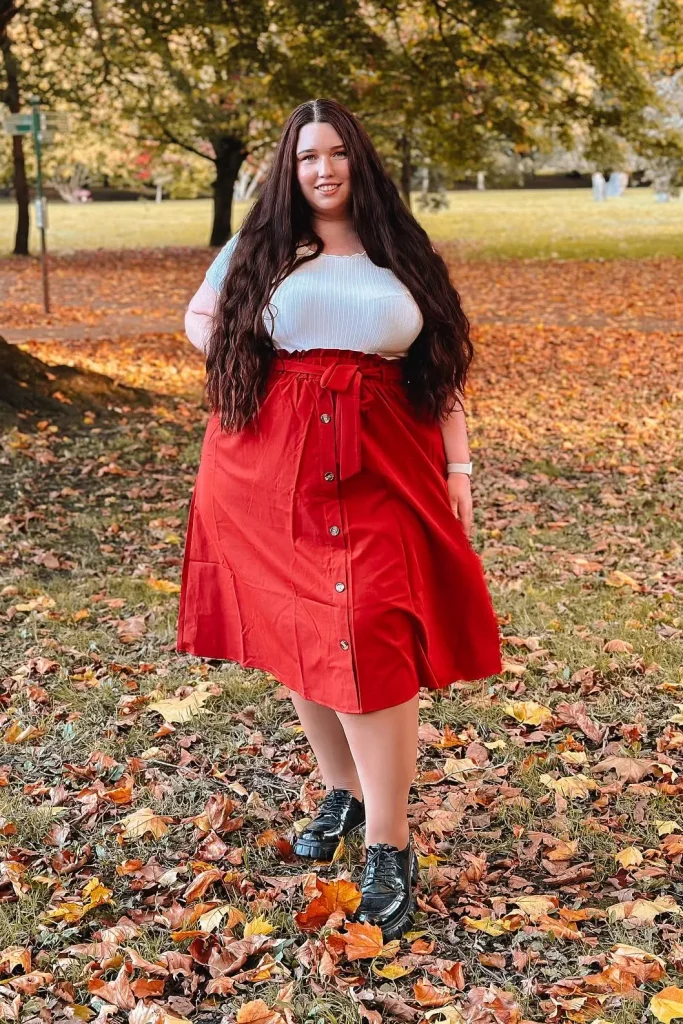 14. White Ribbed Top with Red Button-Front Midi Skirt