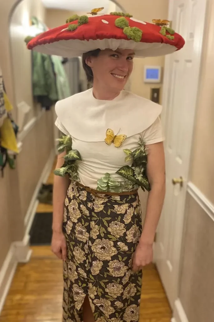 14. White Top with Floral Midi Skirt and Mushroom Hat