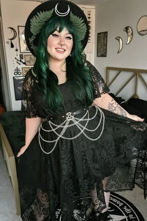 Black Lace Dress with Chain Belt and Moon Detail Hat