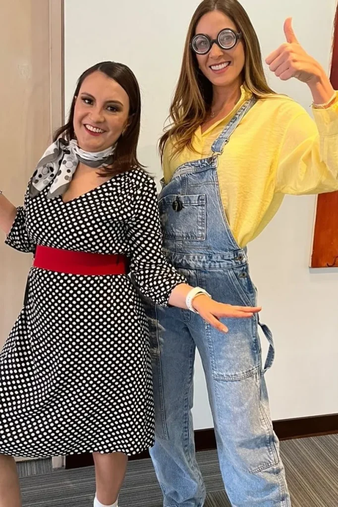 15. Black Polka Dot Dress with Red Belt and Yellow Shirt with Denim Overalls