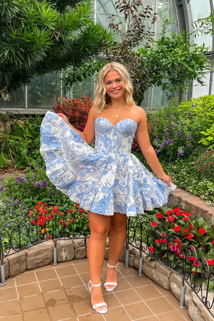 Blue Floral Strapless Mini Dress with White Heels