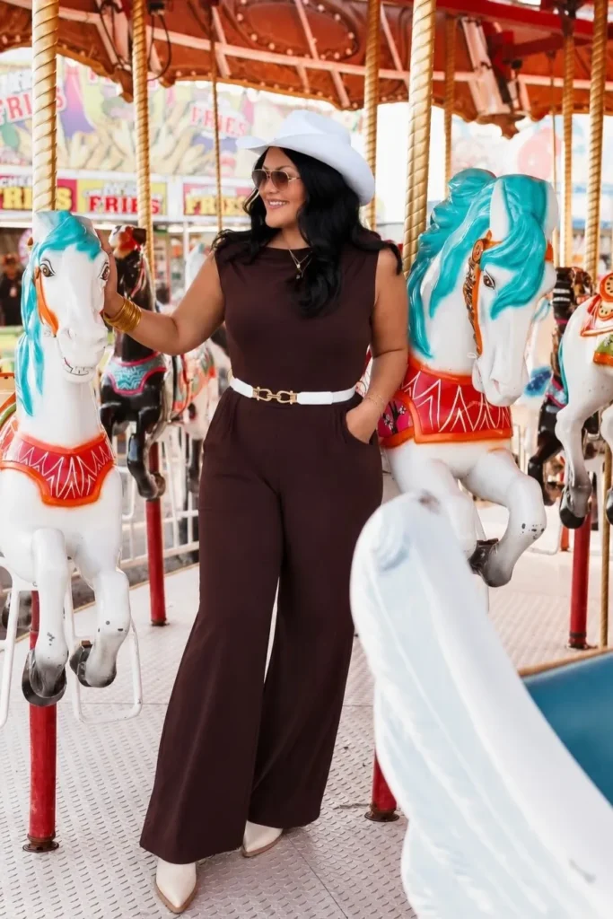 Brown Wide-Leg Jumpsuit with a White Belt and Cowboy Hat