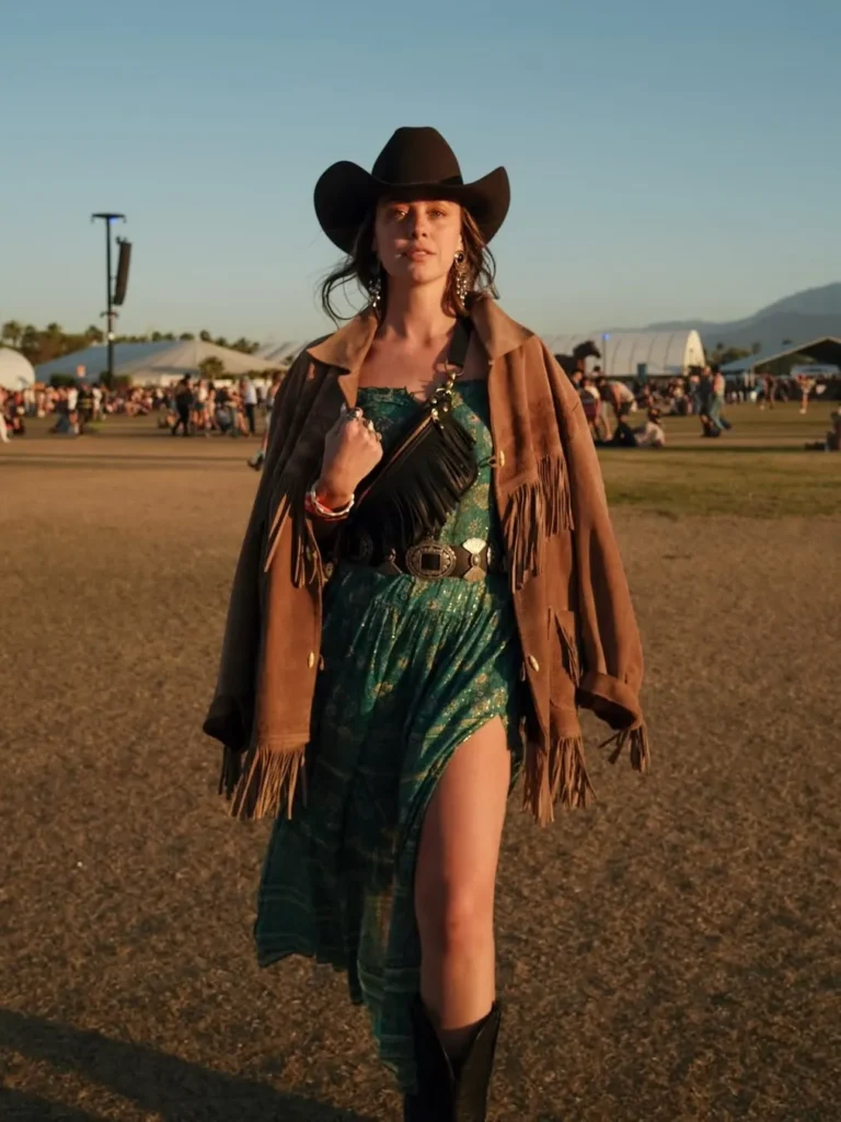 Green Maxi Dress with a Brown Fringe Jacket and Black Boots