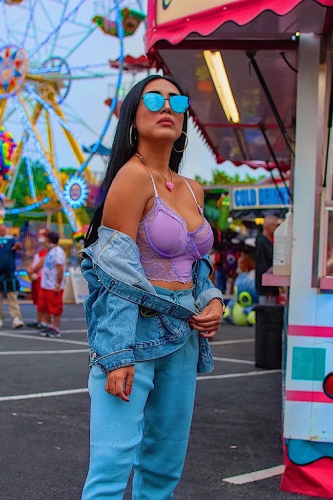 Lavender Lace Corset Top with Light Blue Pants and Denim Jacket
