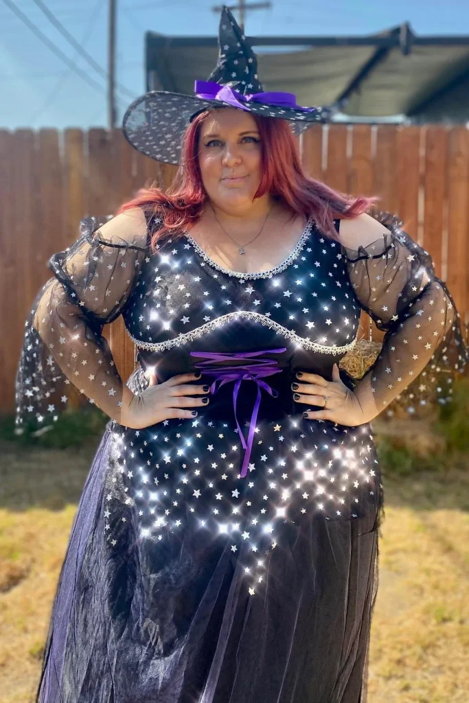 Black Star Print Maxi Dress with Sheer Sleeves and Witch Hat