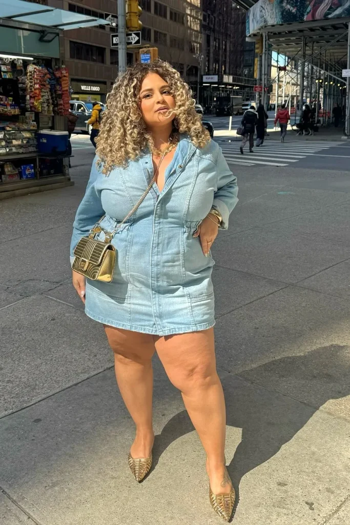 16. Light Blue Denim Mini Dress with Gold Pointed Flats