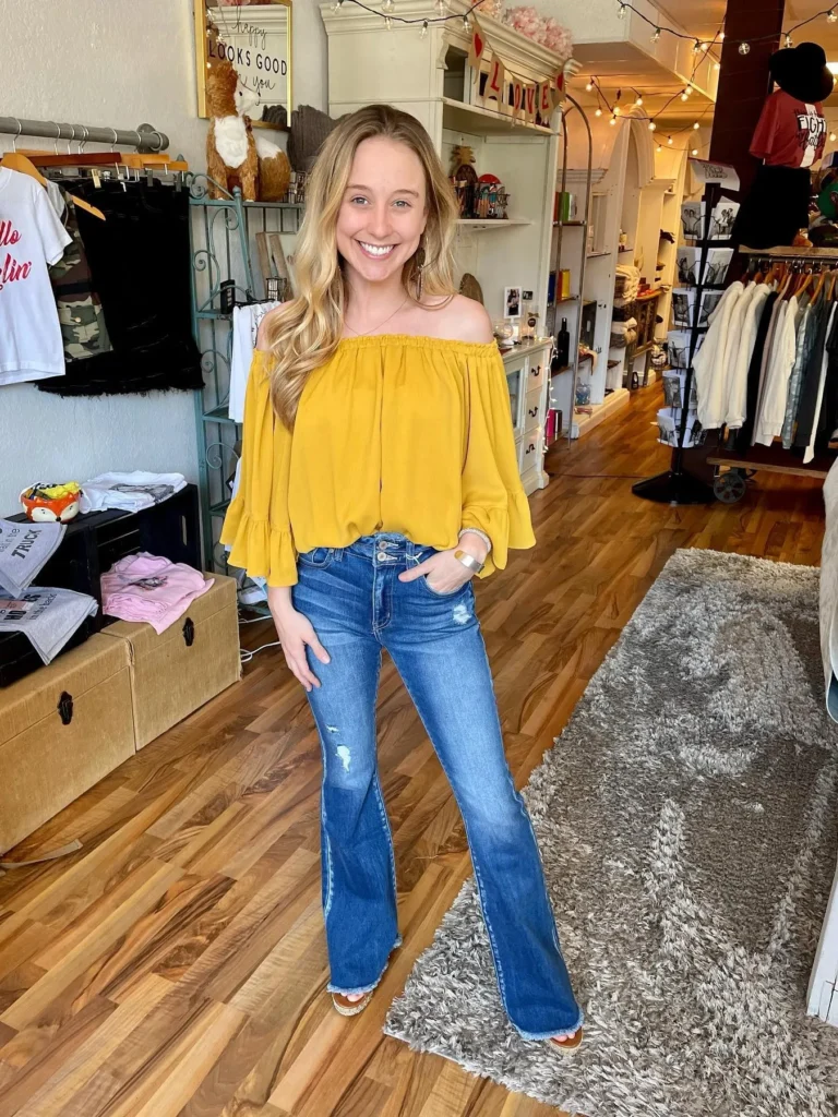Mustard Off-Shoulder Blouse with Blue Flare Jeans
