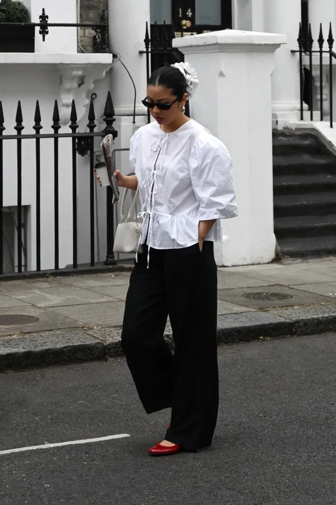 White Puff Sleeve Peplum Top with Black Wide Leg Pants