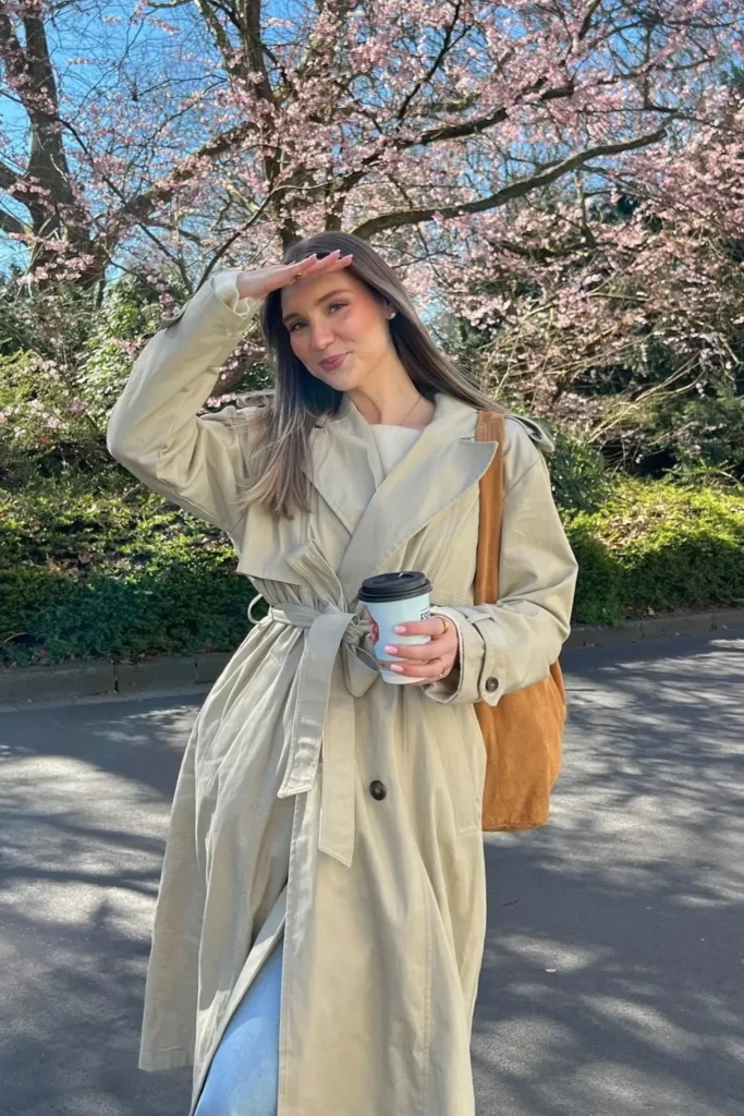 Beige Trench Coat with Light-Wash Jeans