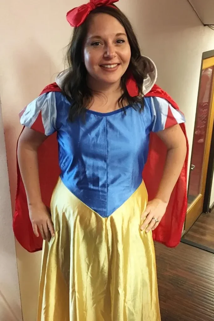 17. Blue Bodice Dress with Yellow Skirt and Red Cape