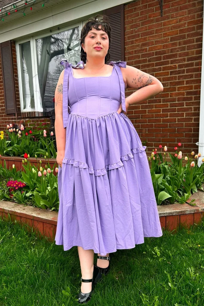 17. Lavender Tie-Shoulder Midi Dress with Black Mary Jane Heels