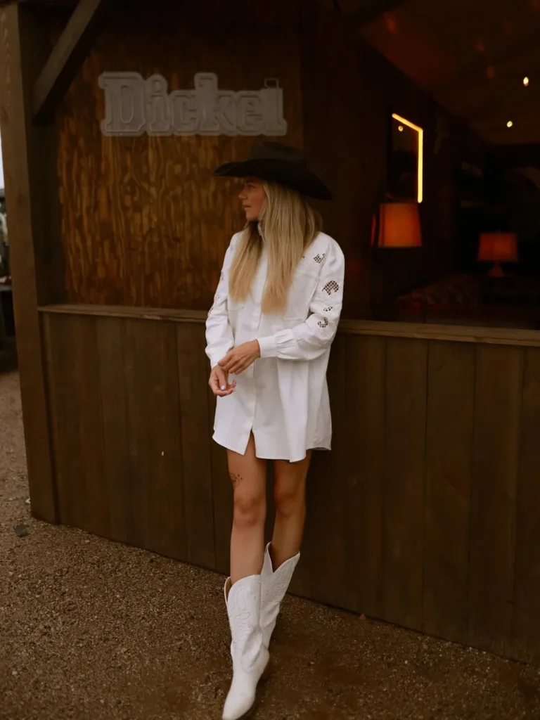 White Shirt Dress with White Cowboy Boots and a Black Hat