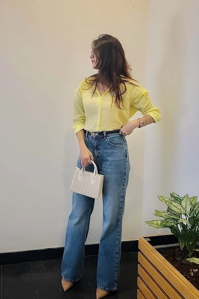 Yellow Button Up Shirt with Blue Jeans