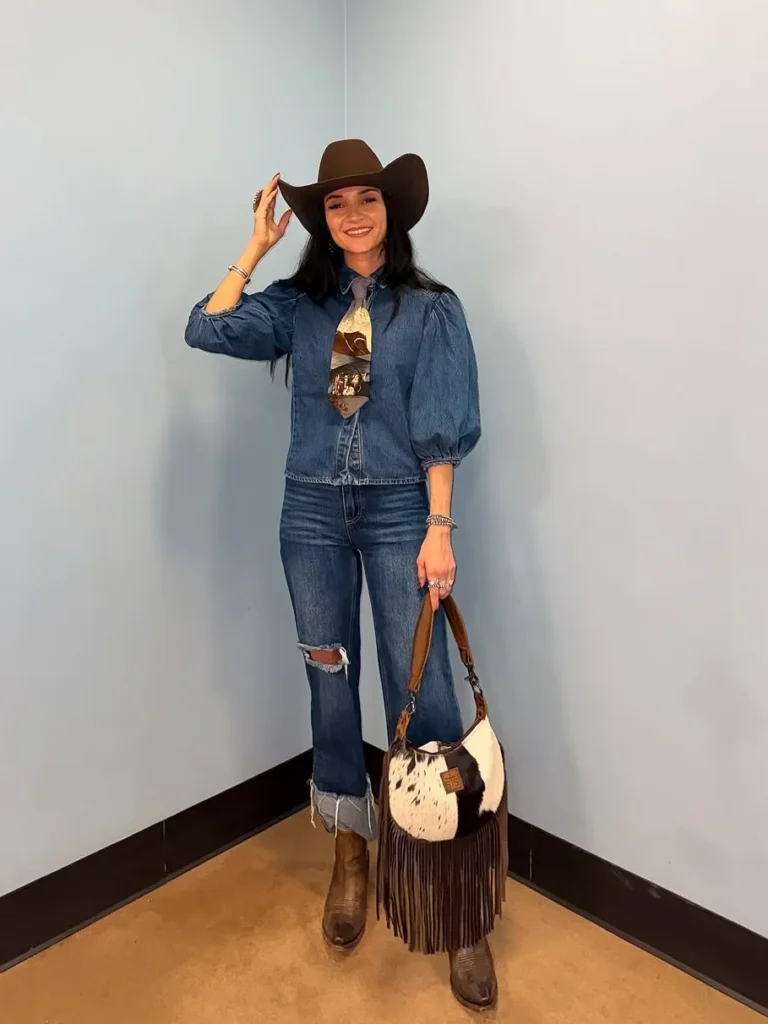 Denim Puff-Sleeve Blouse with Cropped Jeans and Brown Boots