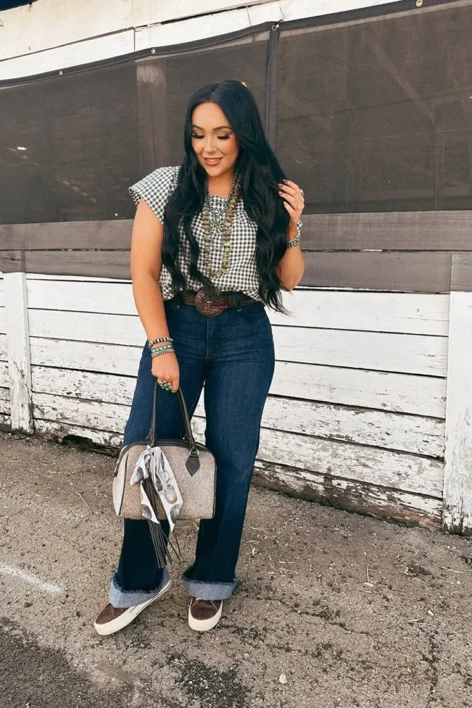 Gingham Blouse with Dark Cuffed Jeans and Sneakers