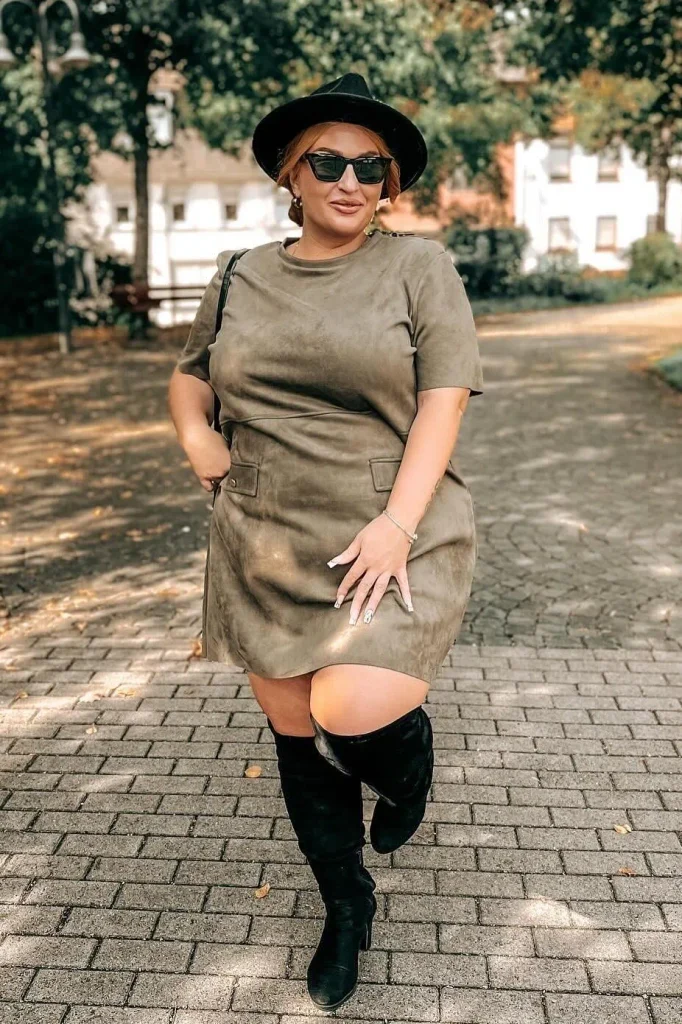 18. Olive Short-Sleeve Top with Matching Mini Skirt and Black Boots