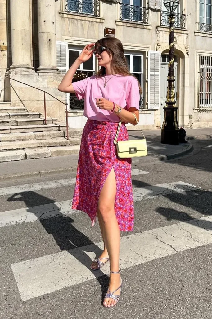 Pink T-Shirt with Pink Printed Wrap Skirt
