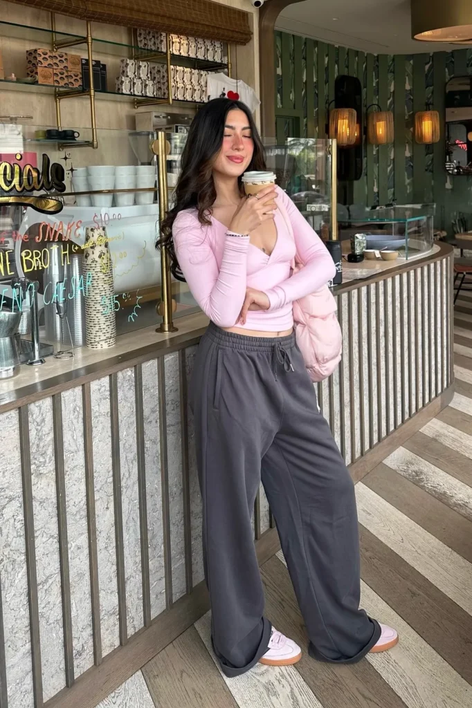 Pink Wrap Top with Gray Wide-Leg Sweatpants and Pink Sneakers
